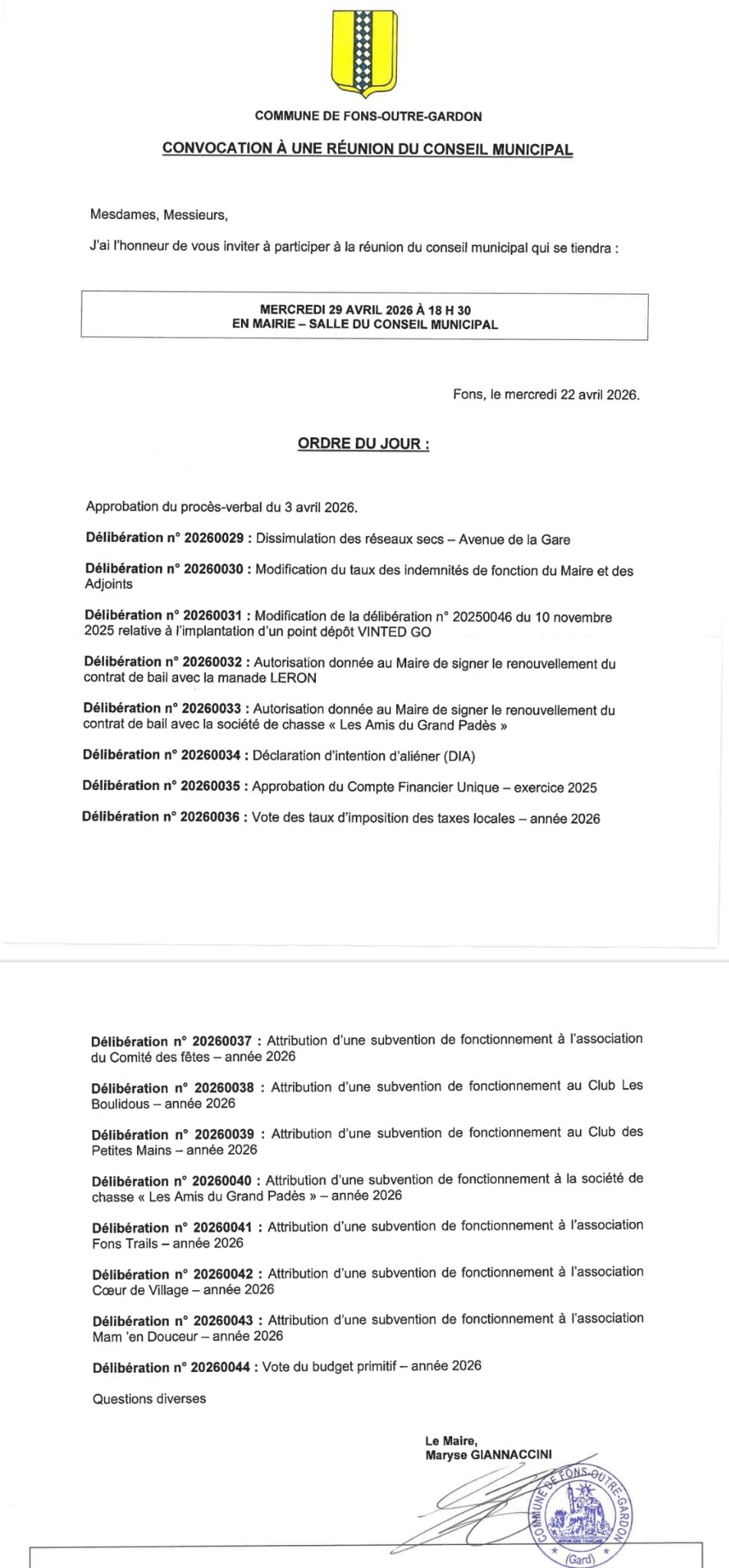 conseil municipal du 29 avril 2026